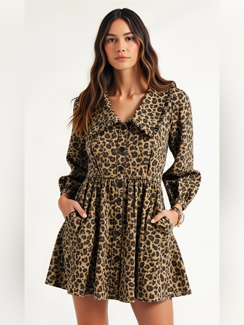 Modenaire Leopard Print Mini Dress Oversized Collar Cotton Pockets Medium Mod